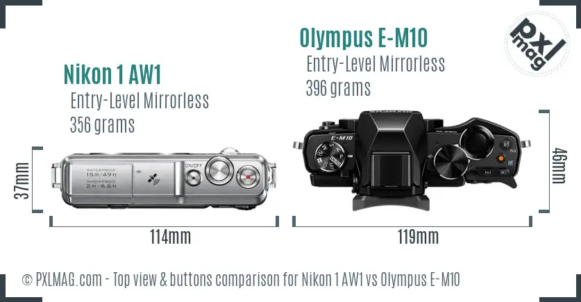 Nikon 1 AW1 vs Olympus E-M10 top view buttons comparison