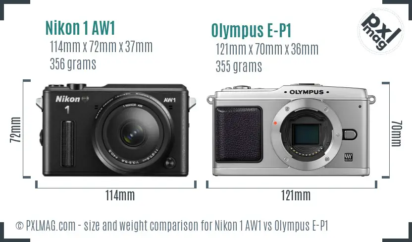 Nikon 1 AW1 vs Olympus E-P1 size comparison