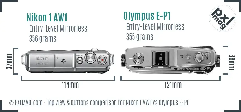 Nikon 1 AW1 vs Olympus E-P1 top view buttons comparison