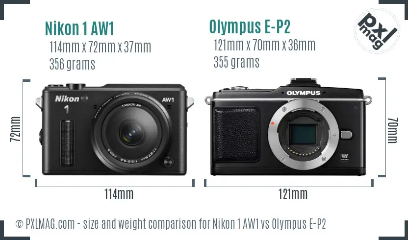 Nikon 1 AW1 vs Olympus E-P2 size comparison