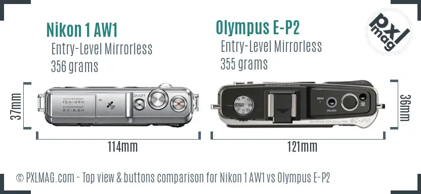 Nikon 1 AW1 vs Olympus E-P2 top view buttons comparison