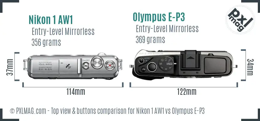 Nikon 1 AW1 vs Olympus E-P3 top view buttons comparison Nikon 1 AW1 vs Olympus E-P3 top view buttons comparison