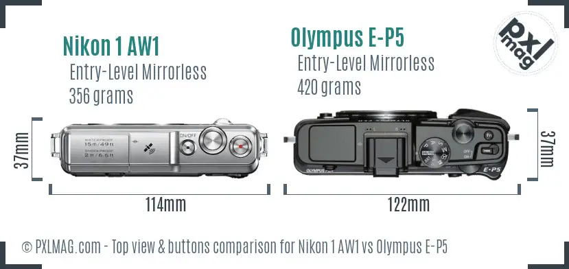Nikon 1 AW1 vs Olympus E-P5 top view buttons comparison Nikon 1 AW1 vs Olympus E-P5 top view buttons comparison