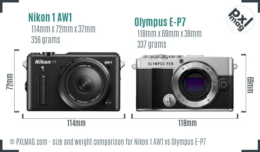 Nikon 1 AW1 vs Olympus E-P7 size comparison