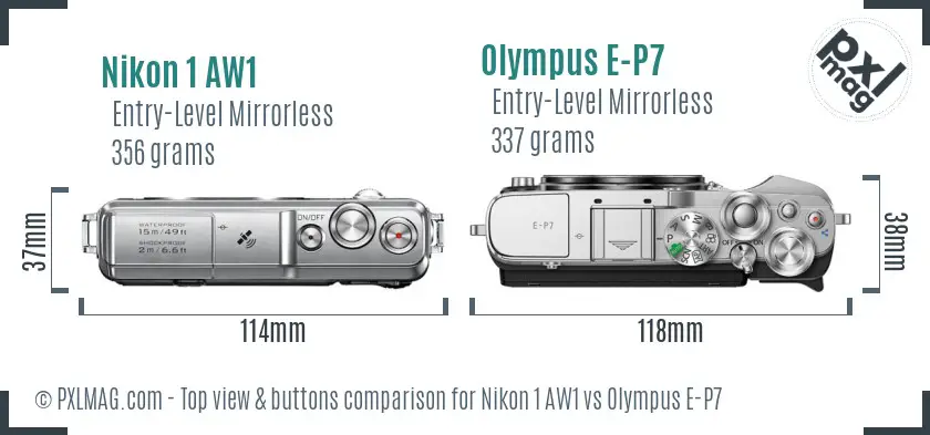 Nikon 1 AW1 vs Olympus E-P7 top view buttons comparison
