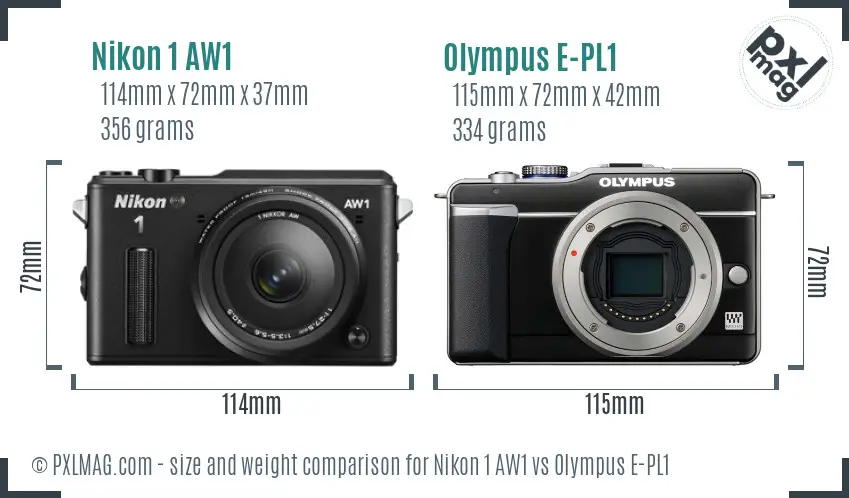 Nikon 1 AW1 vs Olympus E-PL1 size comparison