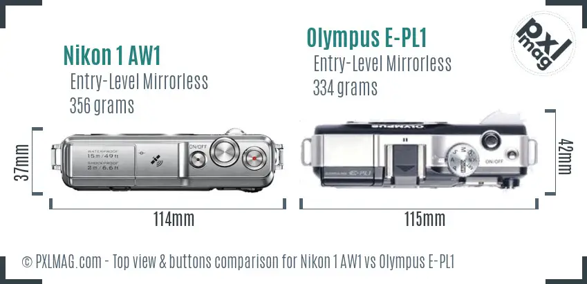 Nikon 1 AW1 vs Olympus E-PL1 top view buttons comparison