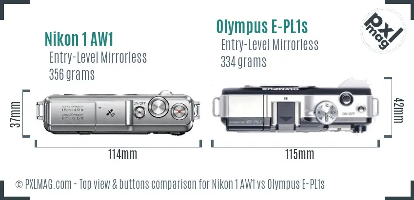 Nikon 1 AW1 vs Olympus E-PL1s top view buttons comparison Nikon 1 AW1 vs Olympus E-PL1s top view buttons comparison