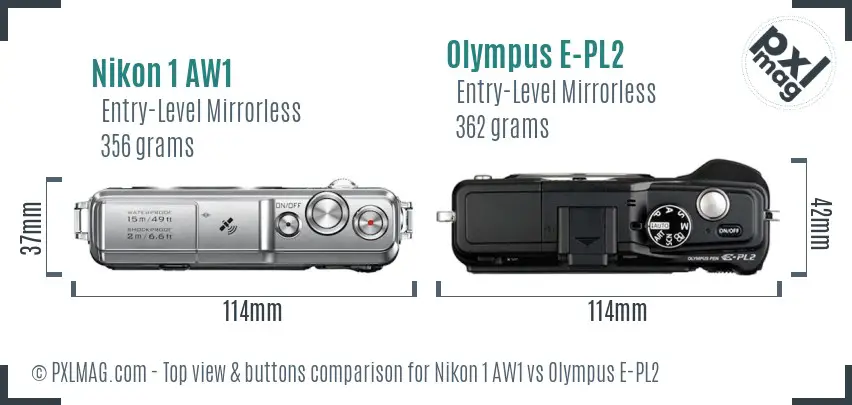 Nikon 1 AW1 vs Olympus E-PL2 top view buttons comparison