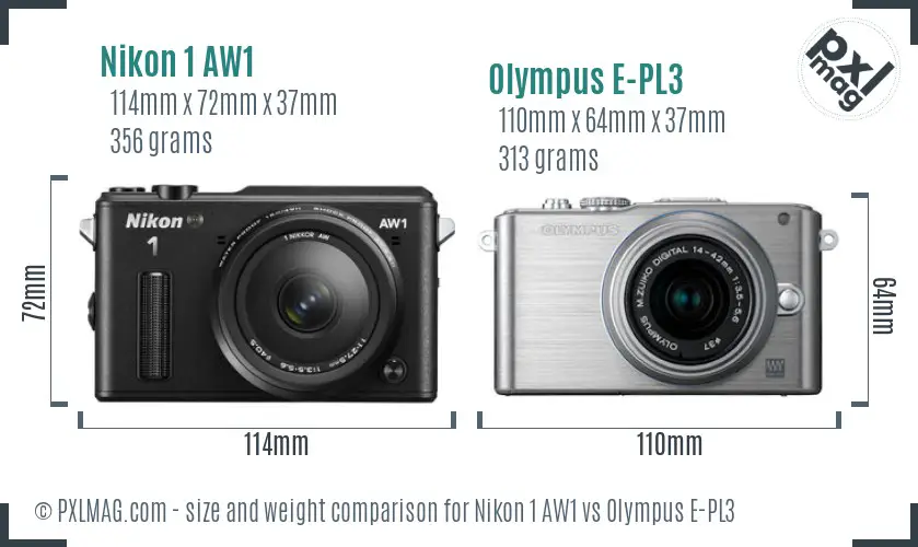 Nikon 1 AW1 vs Olympus E-PL3 size comparison