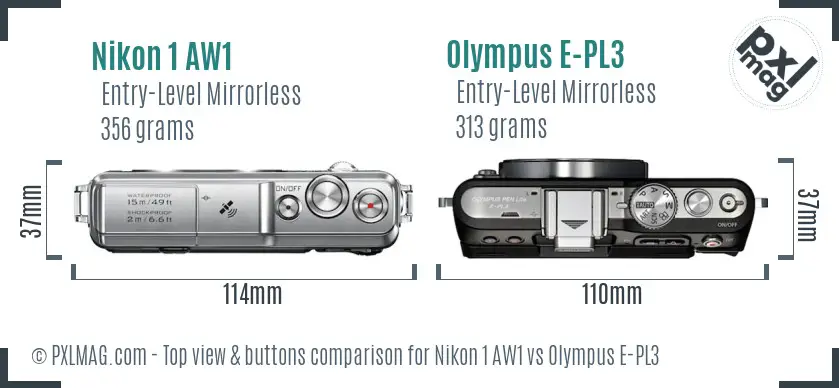 Nikon 1 AW1 vs Olympus E-PL3 top view buttons comparison