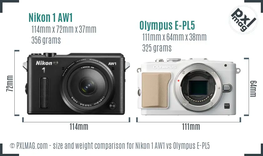 Nikon 1 AW1 vs Olympus E-PL5 size comparison