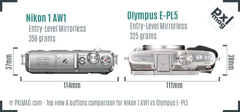 Nikon 1 AW1 vs Olympus E-PL5 top view buttons comparison