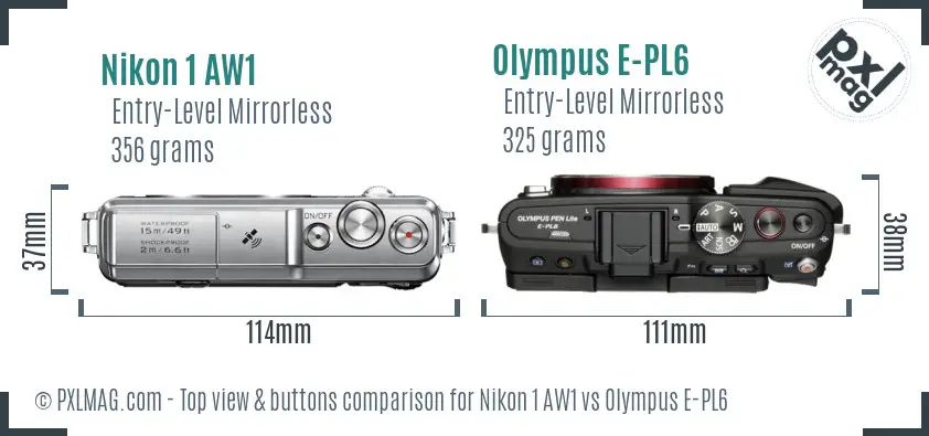 Nikon 1 AW1 vs Olympus E-PL6 top view buttons comparison Nikon 1 AW1 vs Olympus E-PL6 top view buttons comparison
