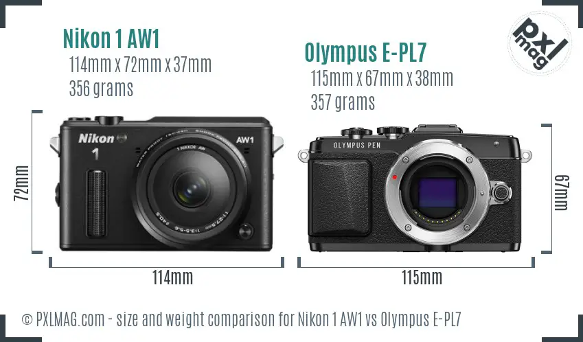 Nikon 1 AW1 vs Olympus E-PL7 size comparison