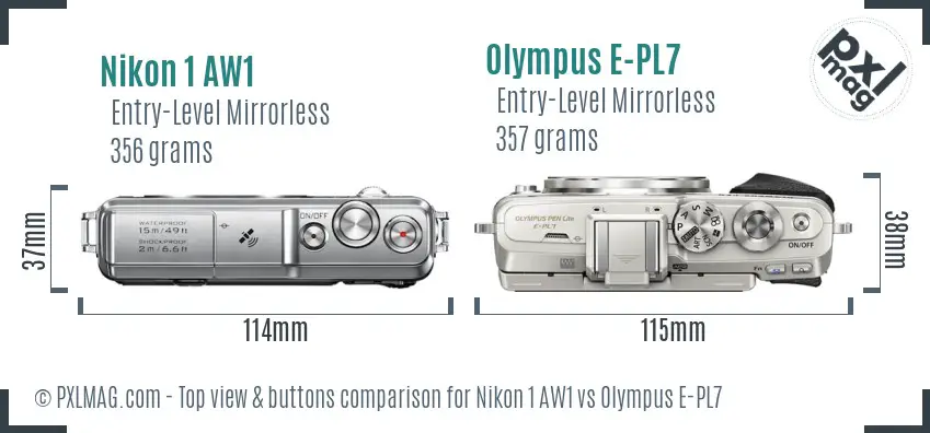 Nikon 1 AW1 vs Olympus E-PL7 top view buttons comparison