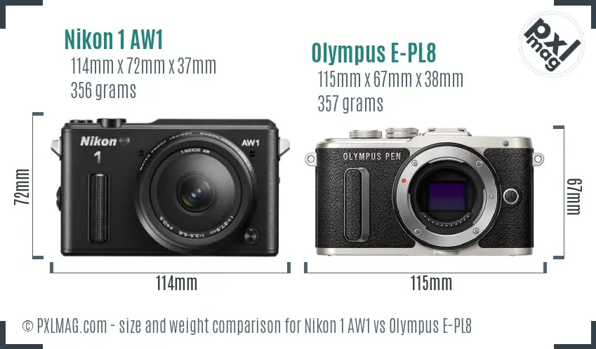 Nikon 1 AW1 vs Olympus E-PL8 size comparison