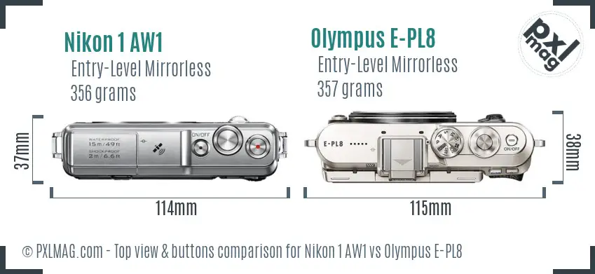 Nikon 1 AW1 vs Olympus E-PL8 top view buttons comparison
