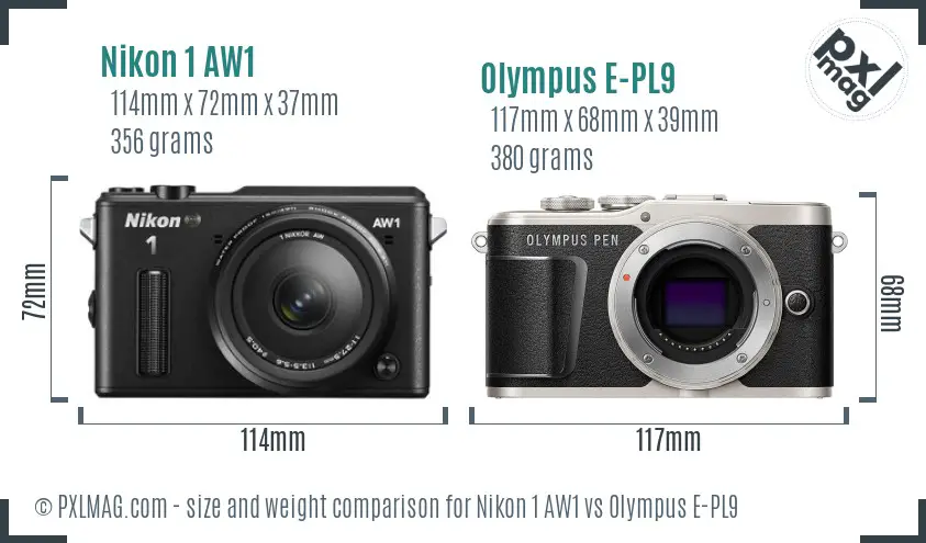 Nikon 1 AW1 vs Olympus E-PL9 size comparison
