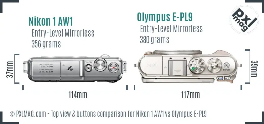 Nikon 1 AW1 vs Olympus E-PL9 top view buttons comparison