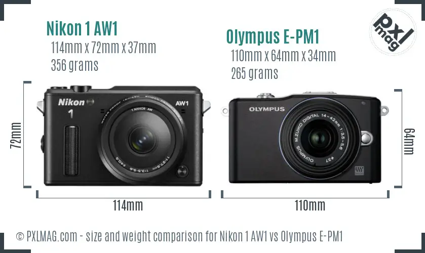 Nikon 1 AW1 vs Olympus E-PM1 size comparison