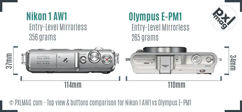 Nikon 1 AW1 vs Olympus E-PM1 top view buttons comparison