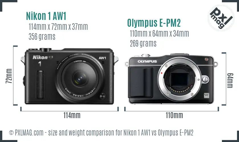 Nikon 1 AW1 vs Olympus E-PM2 size comparison