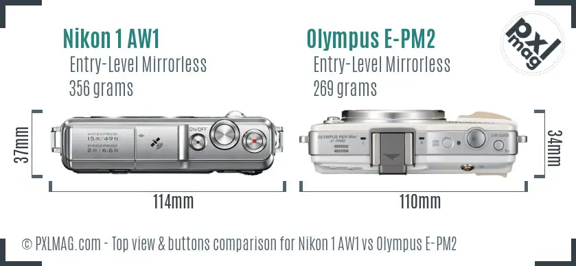 Nikon 1 AW1 vs Olympus E-PM2 top view buttons comparison