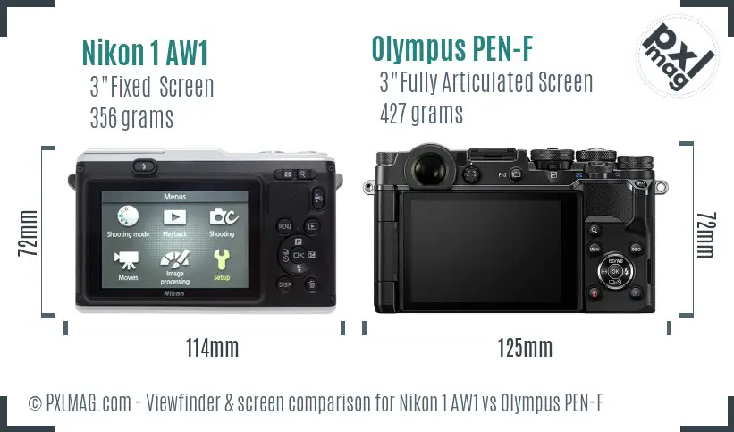 Nikon 1 AW1 vs Olympus PEN-F Screen and Viewfinder comparison
