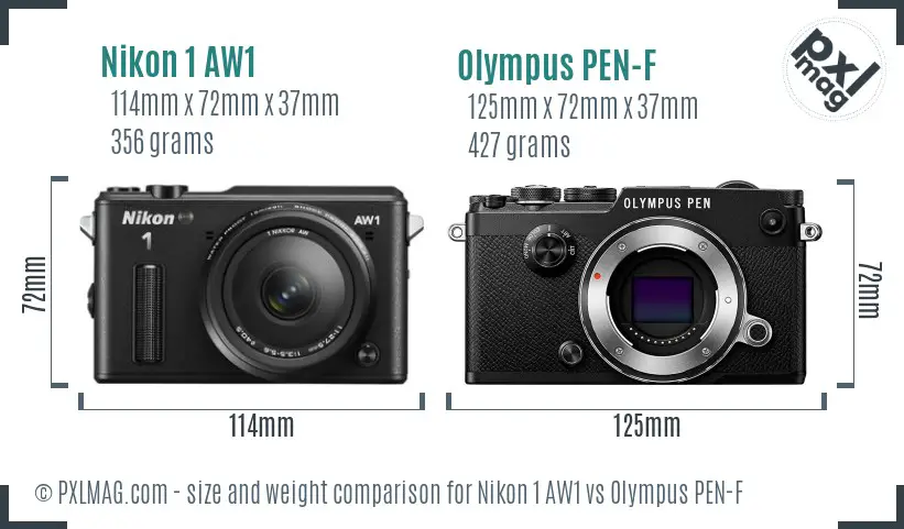 Nikon 1 AW1 vs Olympus PEN-F size comparison