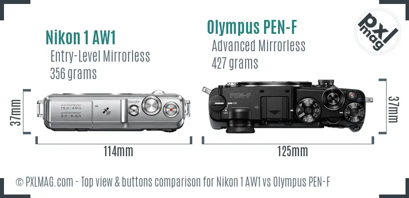 Nikon 1 AW1 vs Olympus PEN-F top view buttons comparison