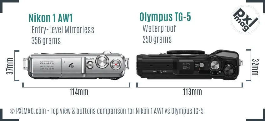 Nikon 1 AW1 vs Olympus TG-5 top view buttons comparison Nikon 1 AW1 vs Olympus TG-5 top view buttons comparison