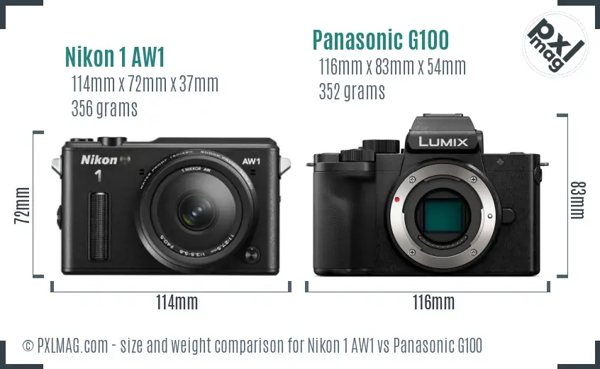 Nikon 1 AW1 vs Panasonic G100 size comparison Nikon 1 AW1 vs Panasonic G100 size comparison