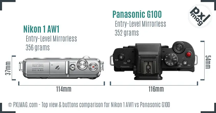 Nikon 1 AW1 vs Panasonic G100 top view buttons comparison Nikon 1 AW1 vs Panasonic G100 top view buttons comparison