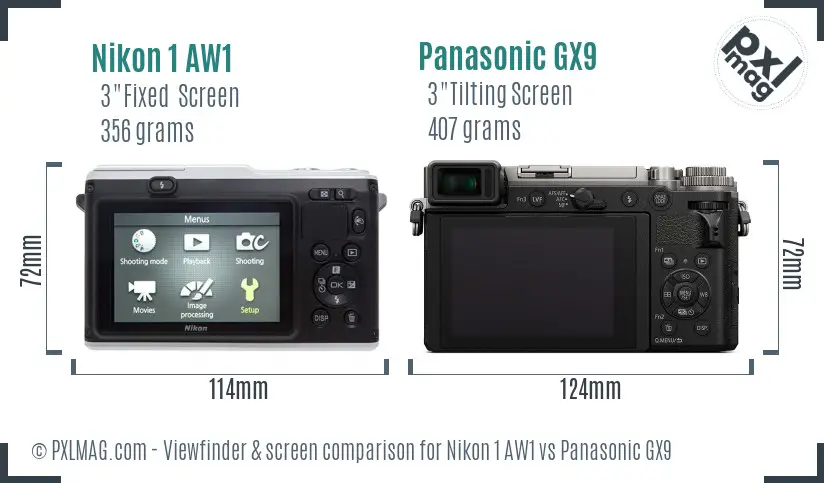 Nikon 1 AW1 vs Panasonic GX9 Screen and Viewfinder comparison