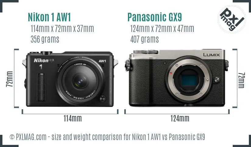 Nikon 1 AW1 vs Panasonic GX9 size comparison