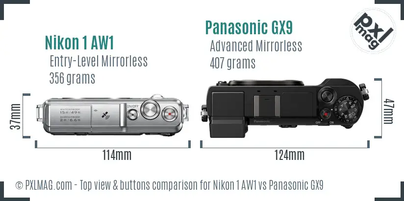 Nikon 1 AW1 vs Panasonic GX9 top view buttons comparison