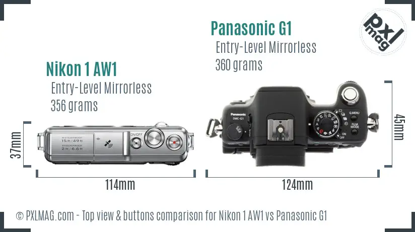 Nikon 1 AW1 vs Panasonic G1 top view buttons comparison Nikon 1 AW1 vs Panasonic G1 top view buttons comparison