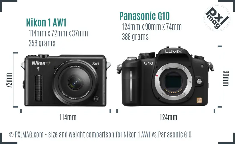 Nikon 1 AW1 vs Panasonic G10 size comparison