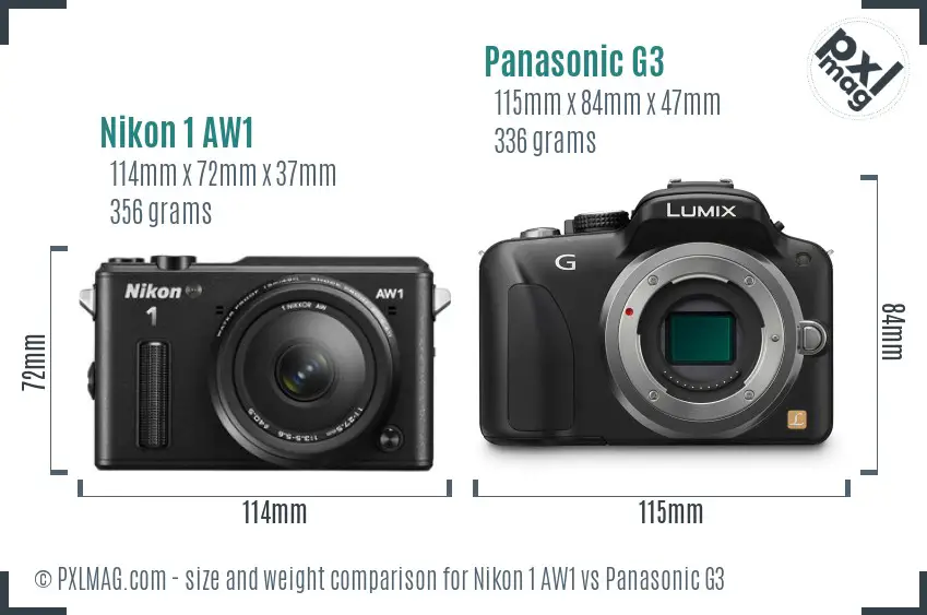 Nikon 1 AW1 vs Panasonic G3 size comparison