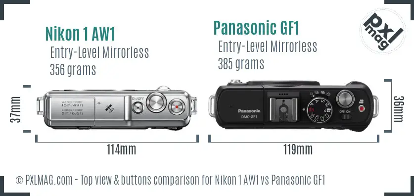 Nikon 1 AW1 vs Panasonic GF1 top view buttons comparison Nikon 1 AW1 vs Panasonic GF1 top view buttons comparison