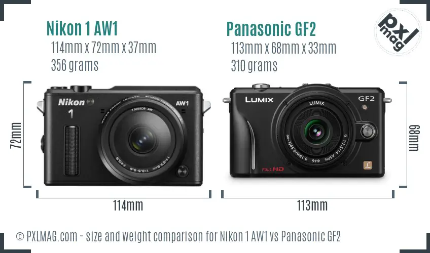 Nikon 1 AW1 vs Panasonic GF2 size comparison