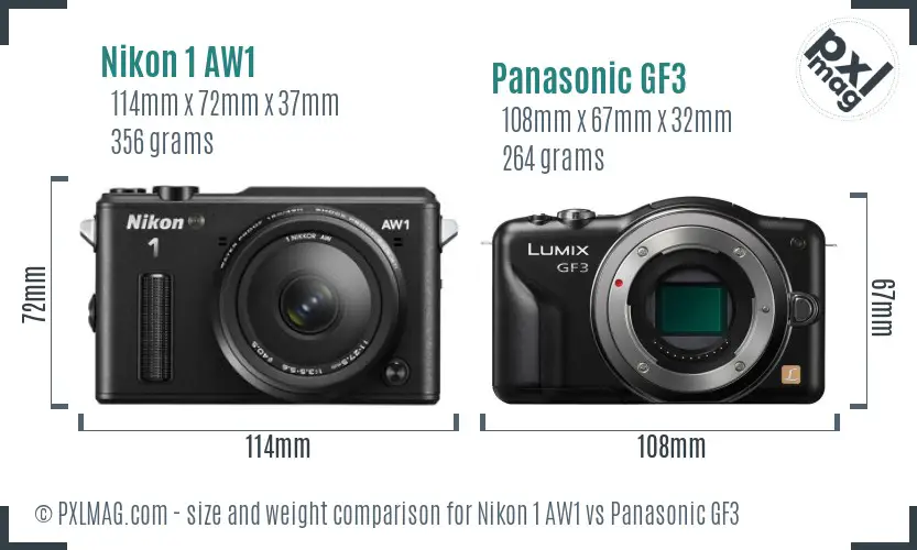 Nikon 1 AW1 vs Panasonic GF3 size comparison