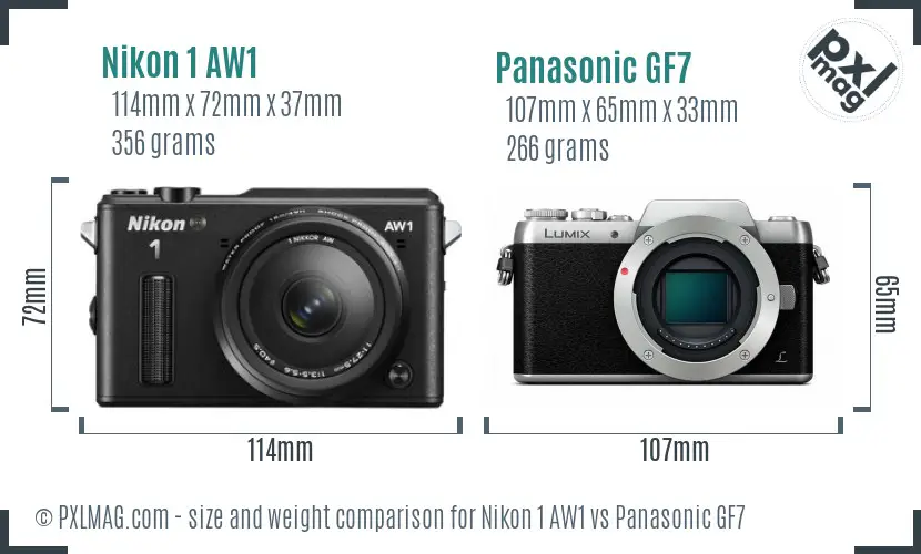 Nikon 1 AW1 vs Panasonic GF7 size comparison