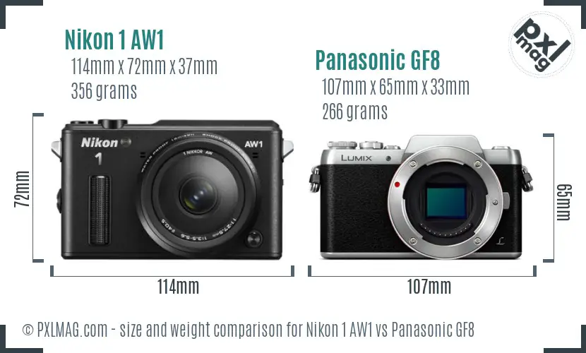 Nikon 1 AW1 vs Panasonic GF8 size comparison