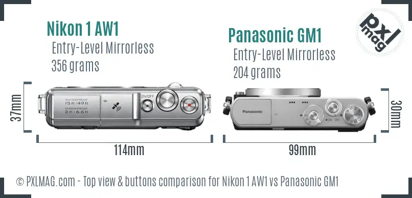 Nikon 1 AW1 vs Panasonic GM1 top view buttons comparison Nikon 1 AW1 vs Panasonic GM1 top view buttons comparison