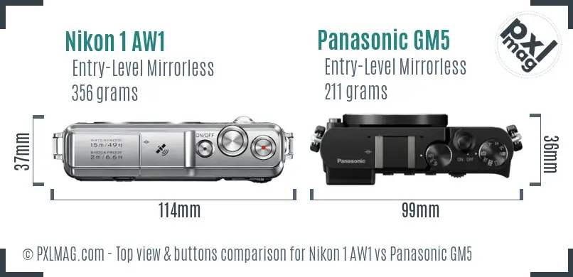 Nikon 1 AW1 vs Panasonic GM5 top view buttons comparison