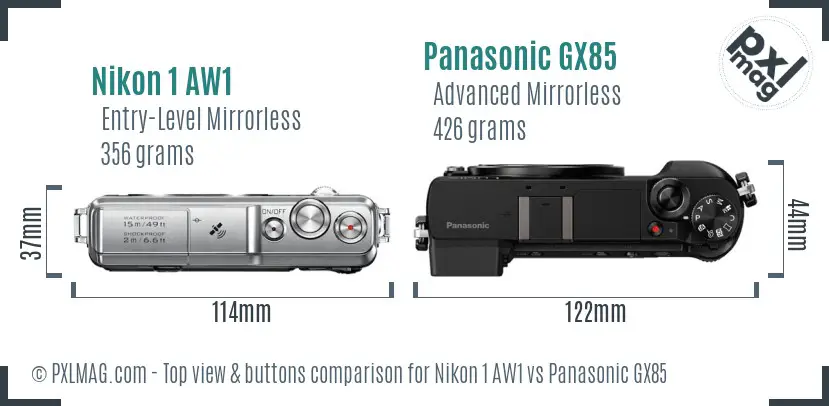 Nikon 1 AW1 vs Panasonic GX85 top view buttons comparison