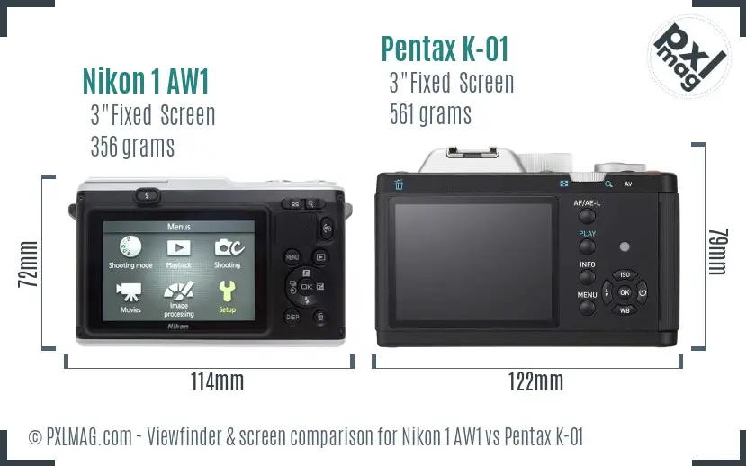 Nikon 1 AW1 vs Pentax K-01 Screen and Viewfinder comparison