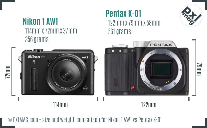 Nikon 1 AW1 vs Pentax K-01 size comparison